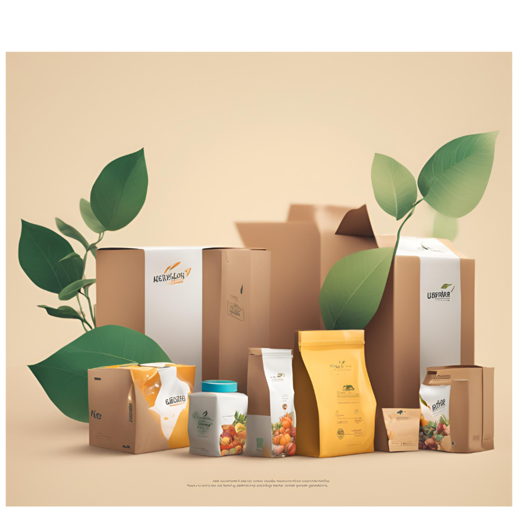 an array of packaging with leaves representing their eco-friendly materials